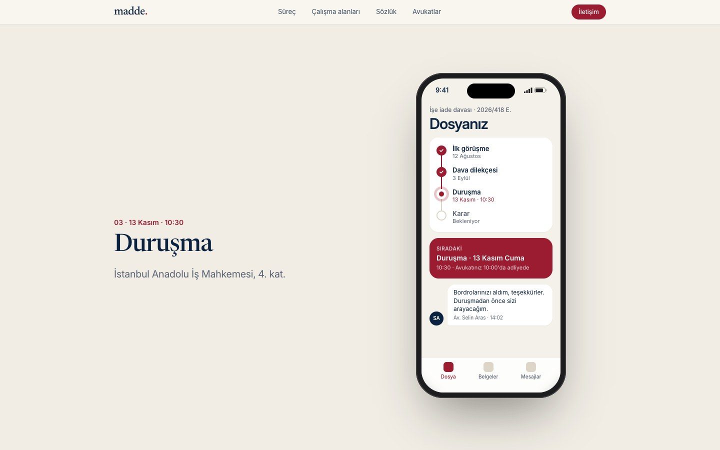 Madde Hukuk Bürosu: Modern tasarım: dosya süreci ekranı