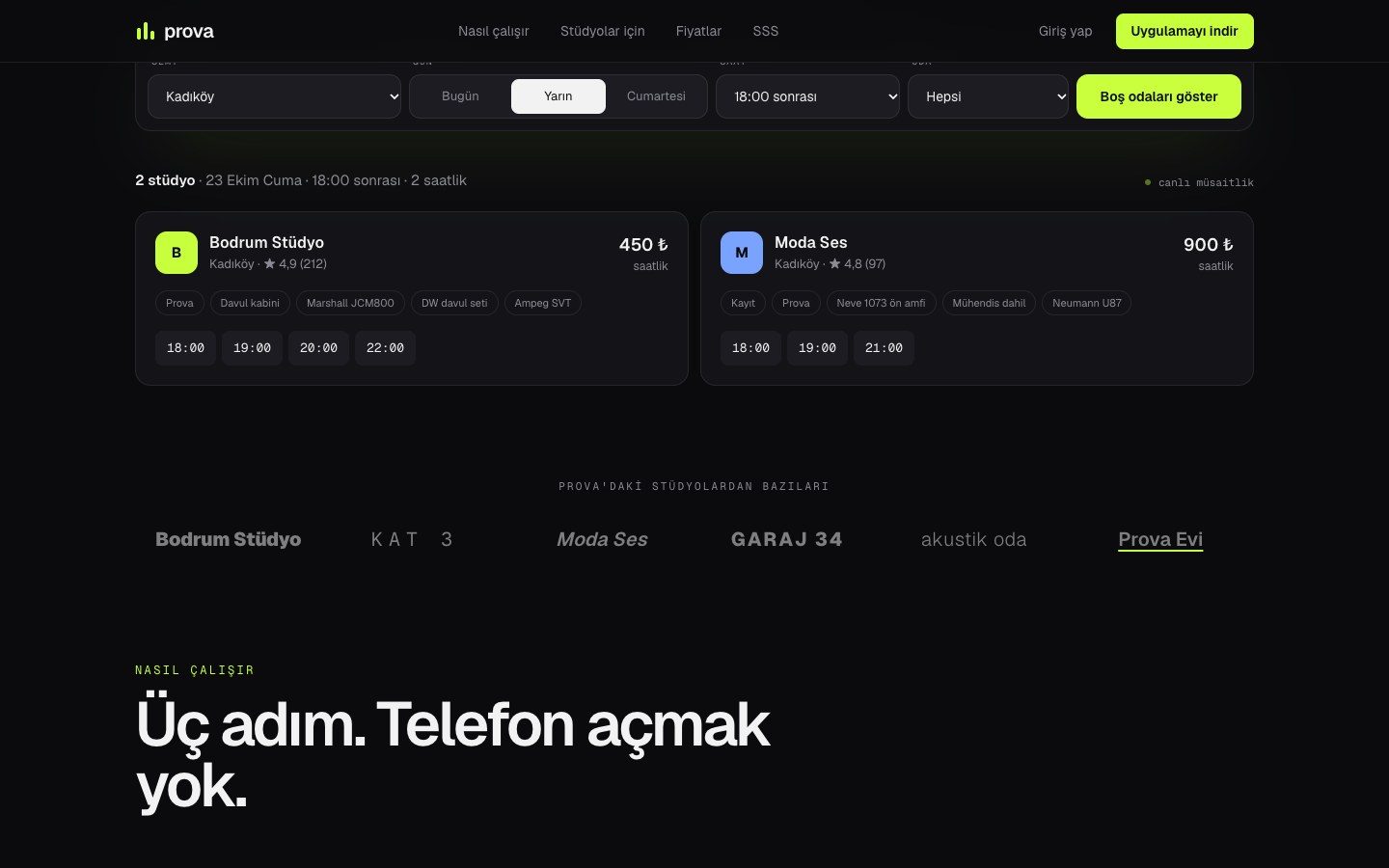 Prova: Boş oda arama sonuçları