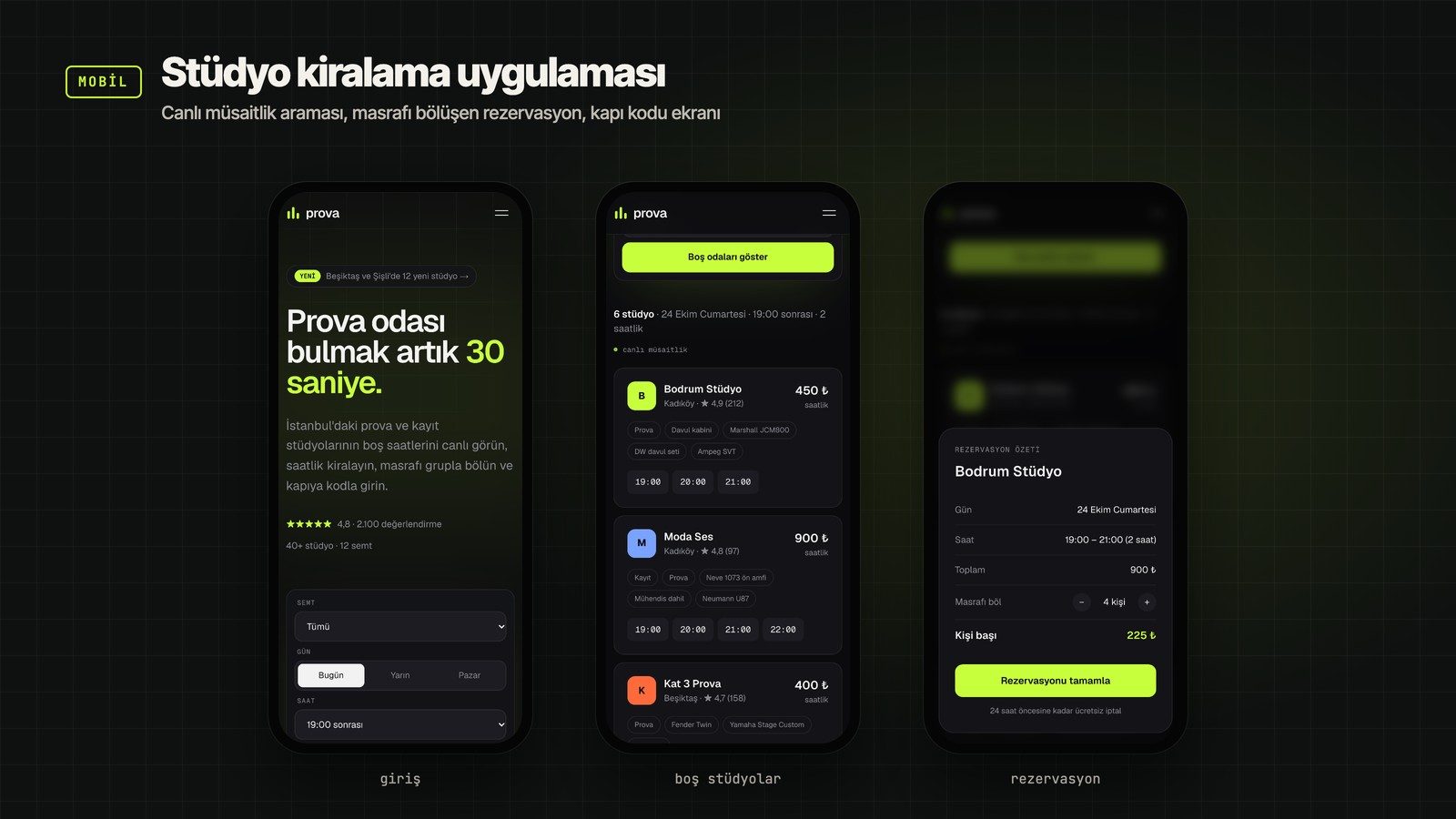 Prova: Telefon ekranları: giriş, boş stüdyolar, rezervasyon