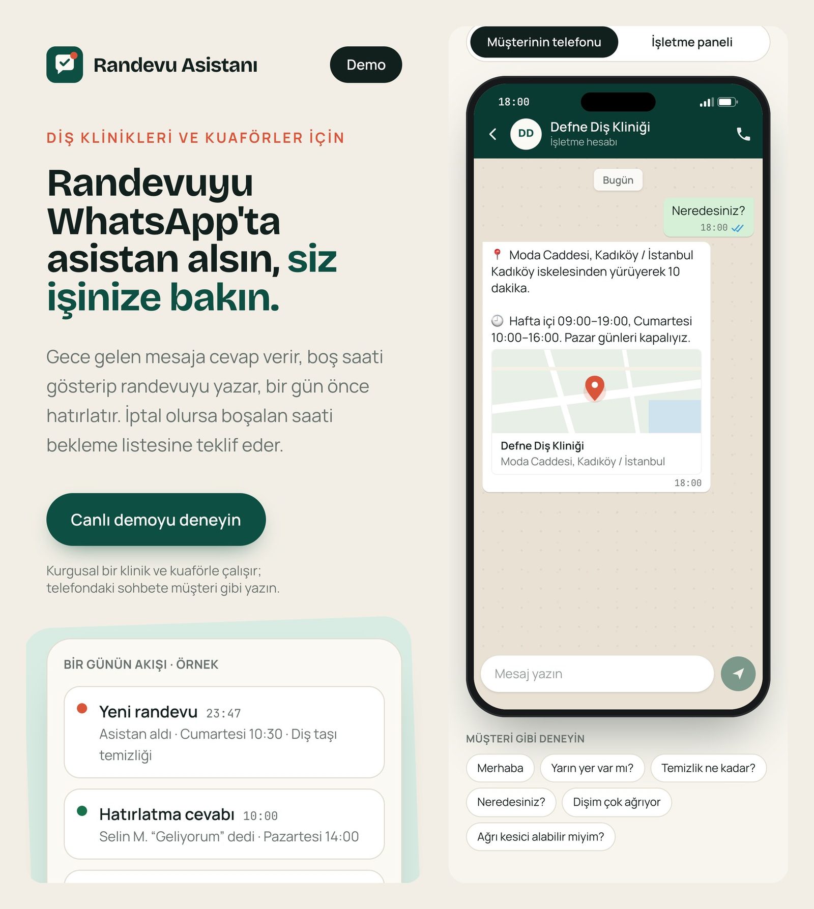 Randevu Asistanı: Telefonda müşteri sohbeti ve konum paylaşımı